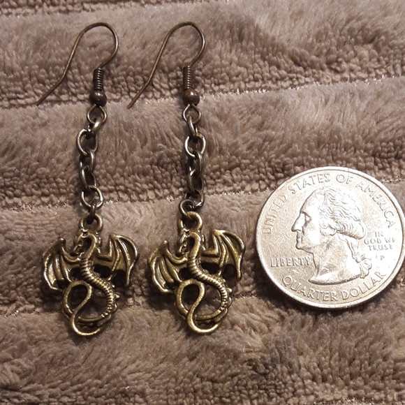Handmade Bronze Colored Dragon Earrings  2" Long - Picture 2 of 3